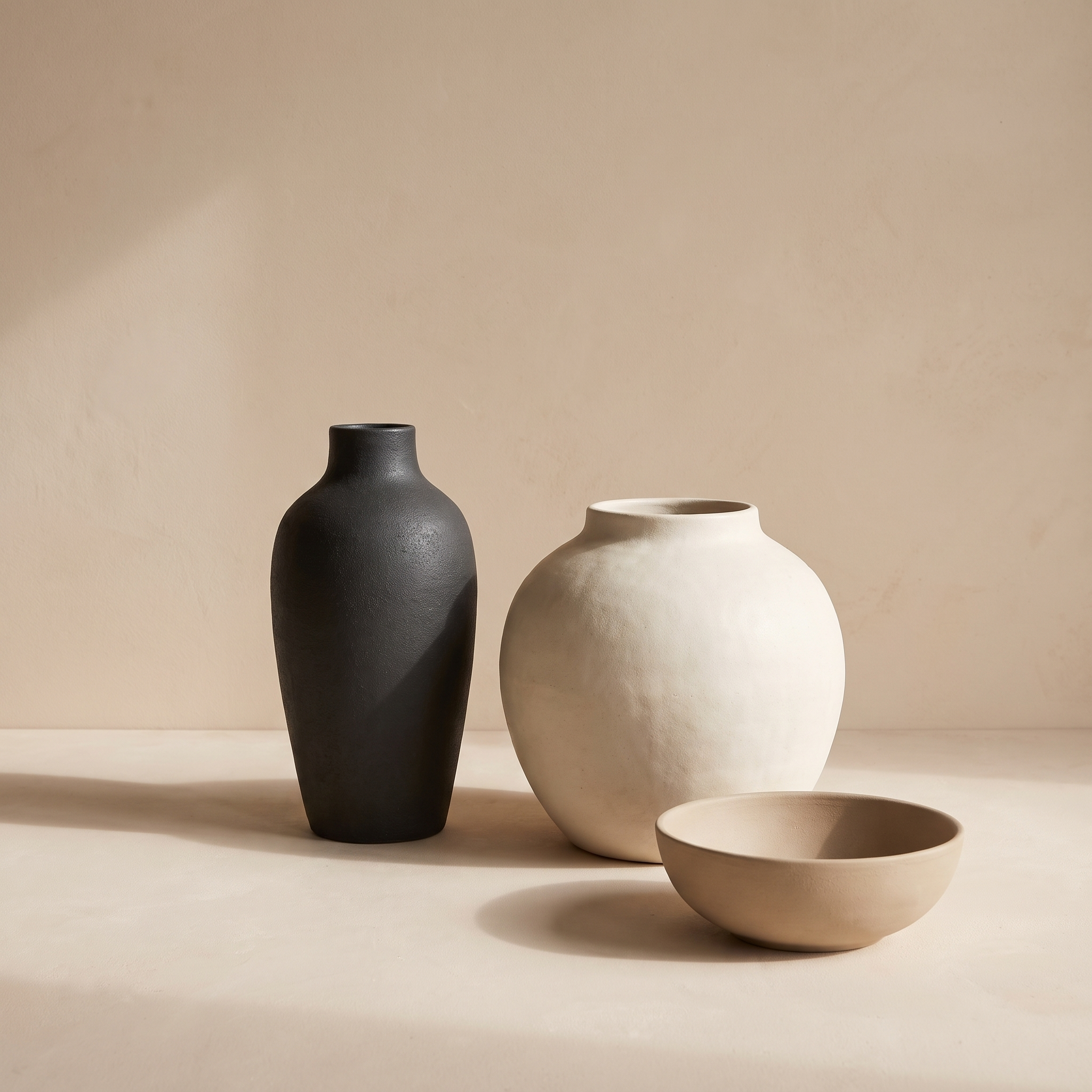 Three matte ceramic vessels in black, off-white and beige on a light surface against a beige wall