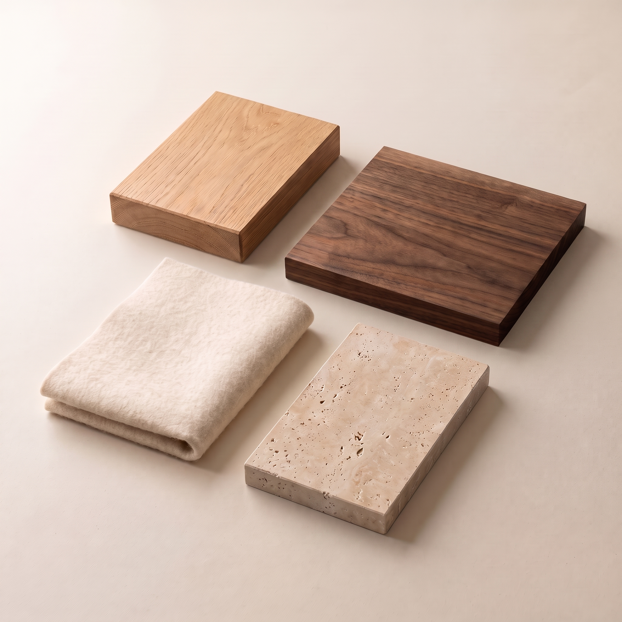 Four material samples in a two-by-two arrangement: light oak, walnut, folded wool and travertine