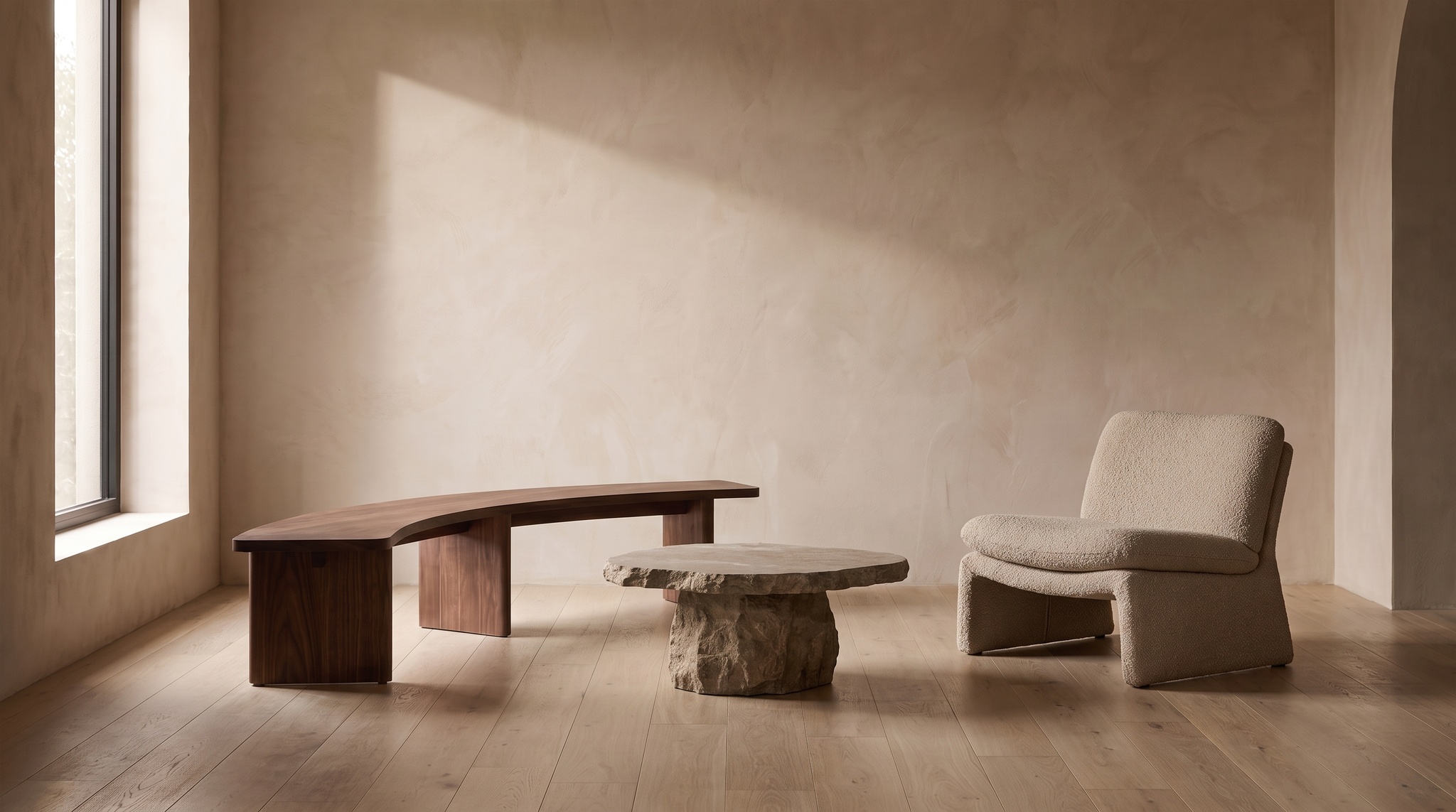 Wide view of a minimalist living room with a curved wooden bench, a stone coffee table and a beige armchair in warm natural light